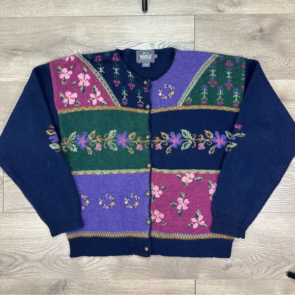 Woolrich Womens Knit Cardigan Wool Sweater Floral Buttons Long Sleeve Sz Large - Picture 2 of 12